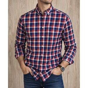Original Penguin Plaid Button Down Shirt Cotton Red Blue Check Men XL Casual
